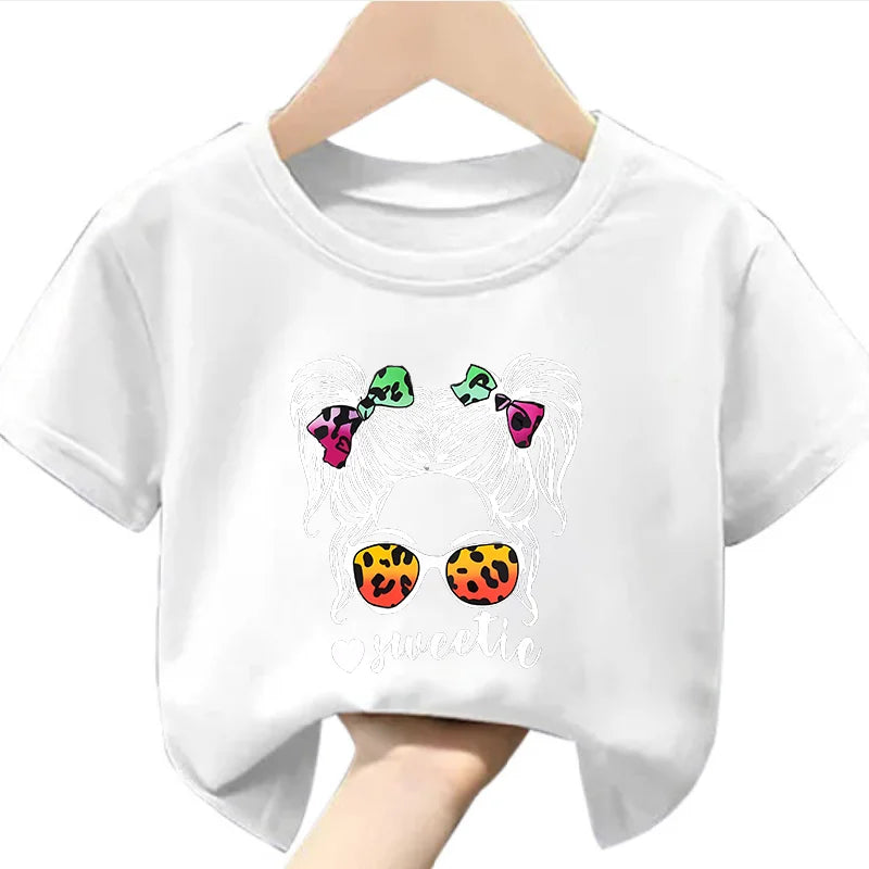 Girls Cartoon The Girl with The Glasses Short Sleeve T-shirt Casual Fashion for Children Kids Clothes Tops
