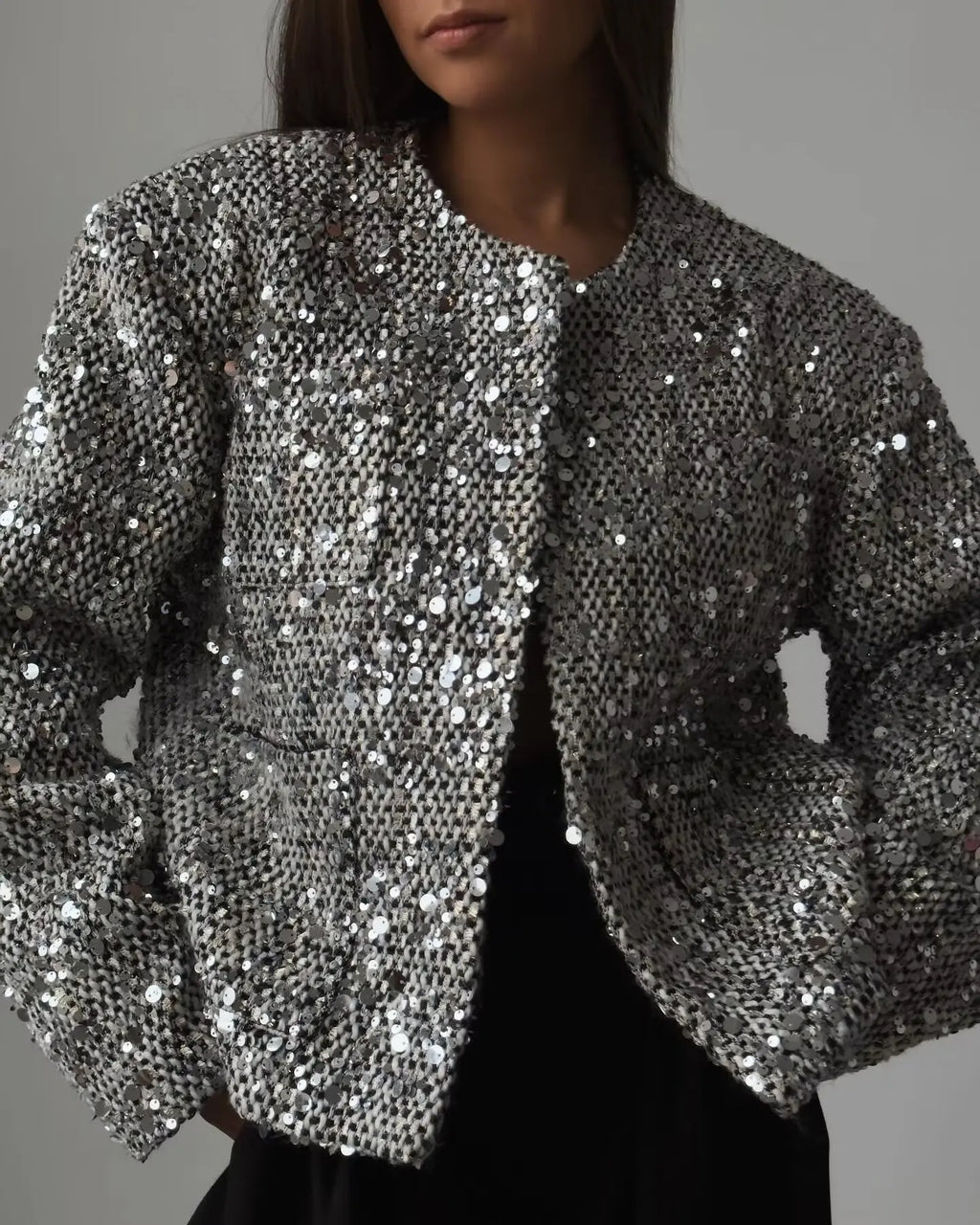 BKQU Tweed Sequined Jackets Women Casual Loose Round Neck Long Sleeved Cropped Silver Cardigan Autumn Female Warm Elegant Coats