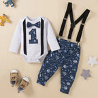 Baby Boys Birthday Outfits Sets Balloon Letter"1" Bodysuit and Y-back Suspender Shorts 1 Year Birthday Baby Cake Smash Clothes