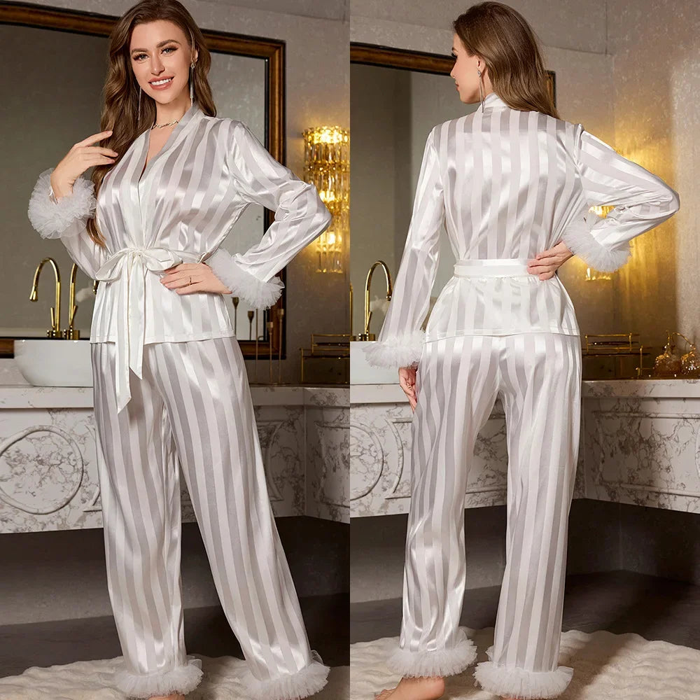 Female Pajamas 2PCS Set Sexy Perspective Lace Long Sleeve Trouser Pijamas Suit Sleepwear Loose Silk Satin Homewear Loungewear