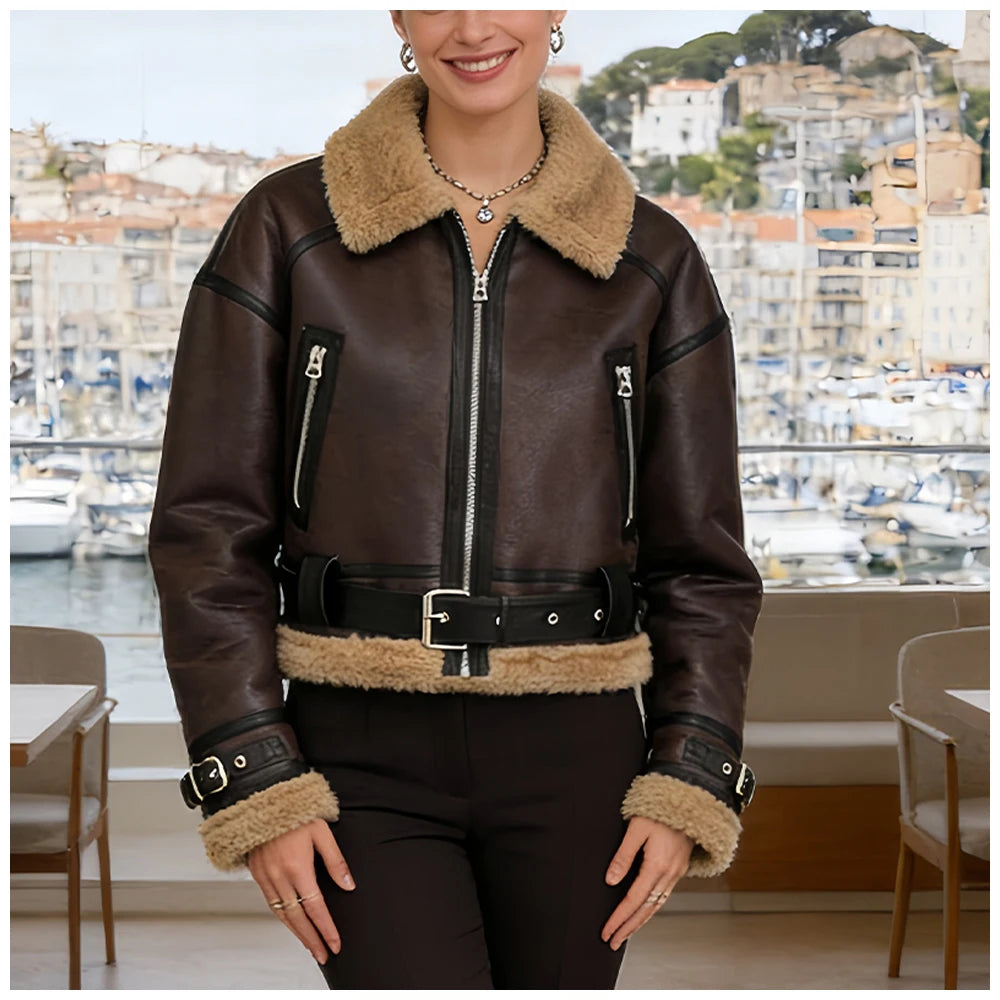 Womens Short Jacket With Leather And Plush Patchwork Belted Waist Zipper Pockets Retro Cool Commuter Jacket Woman Clothes Tops