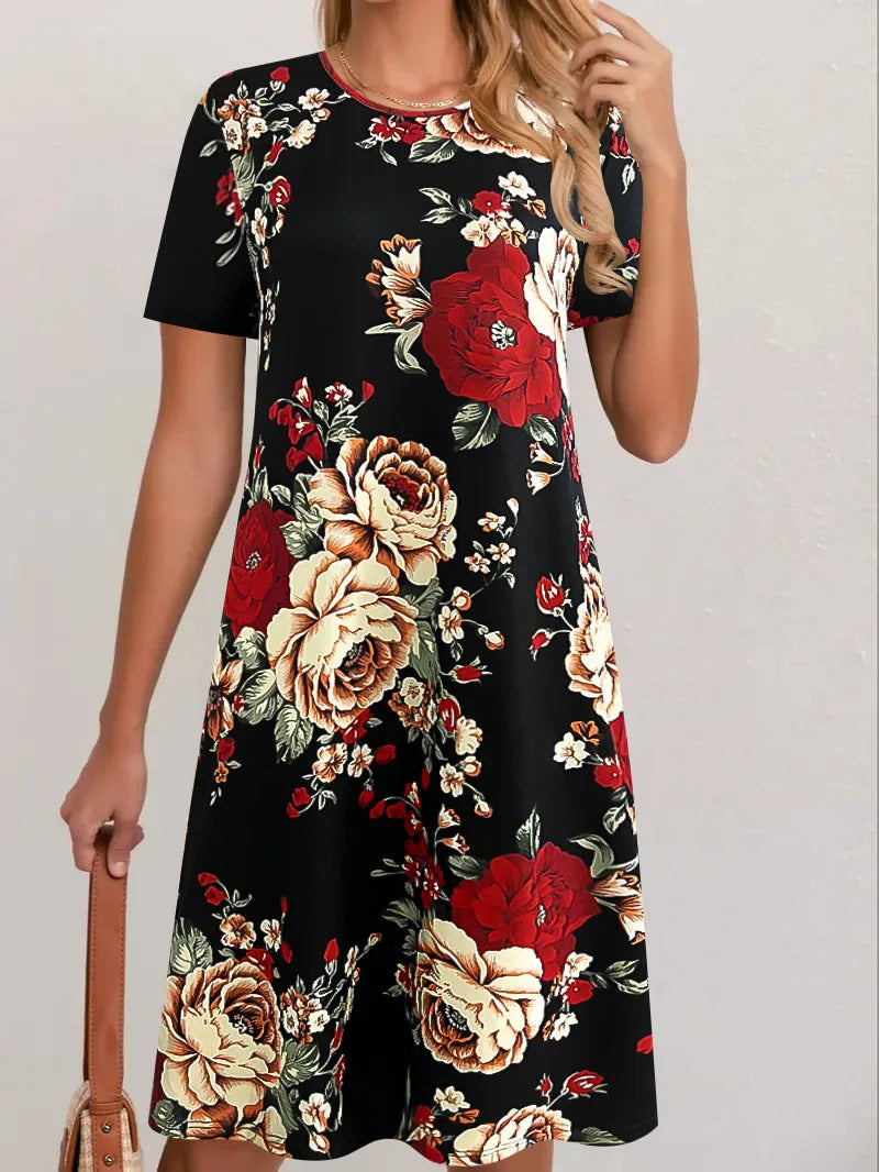 2025 cross-border printed dress women's elegant fashion summer round neck short sleeve loose skirt children cw82727