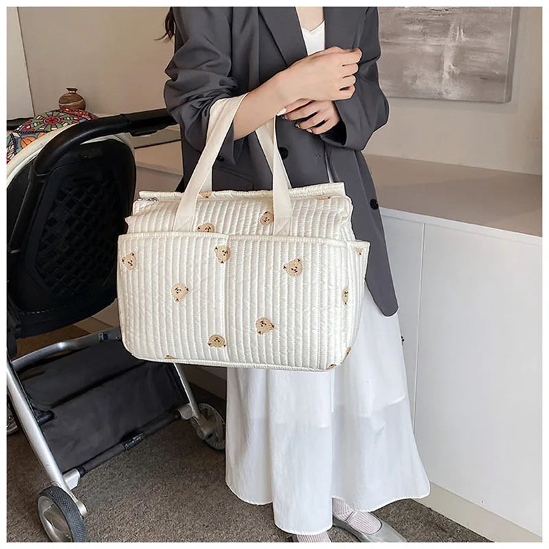 New High-capacity Mummy Bag Embroidered Bear Mother and Baby Handbag Baby Bottle Diaper Portable Baby Stroller Bag