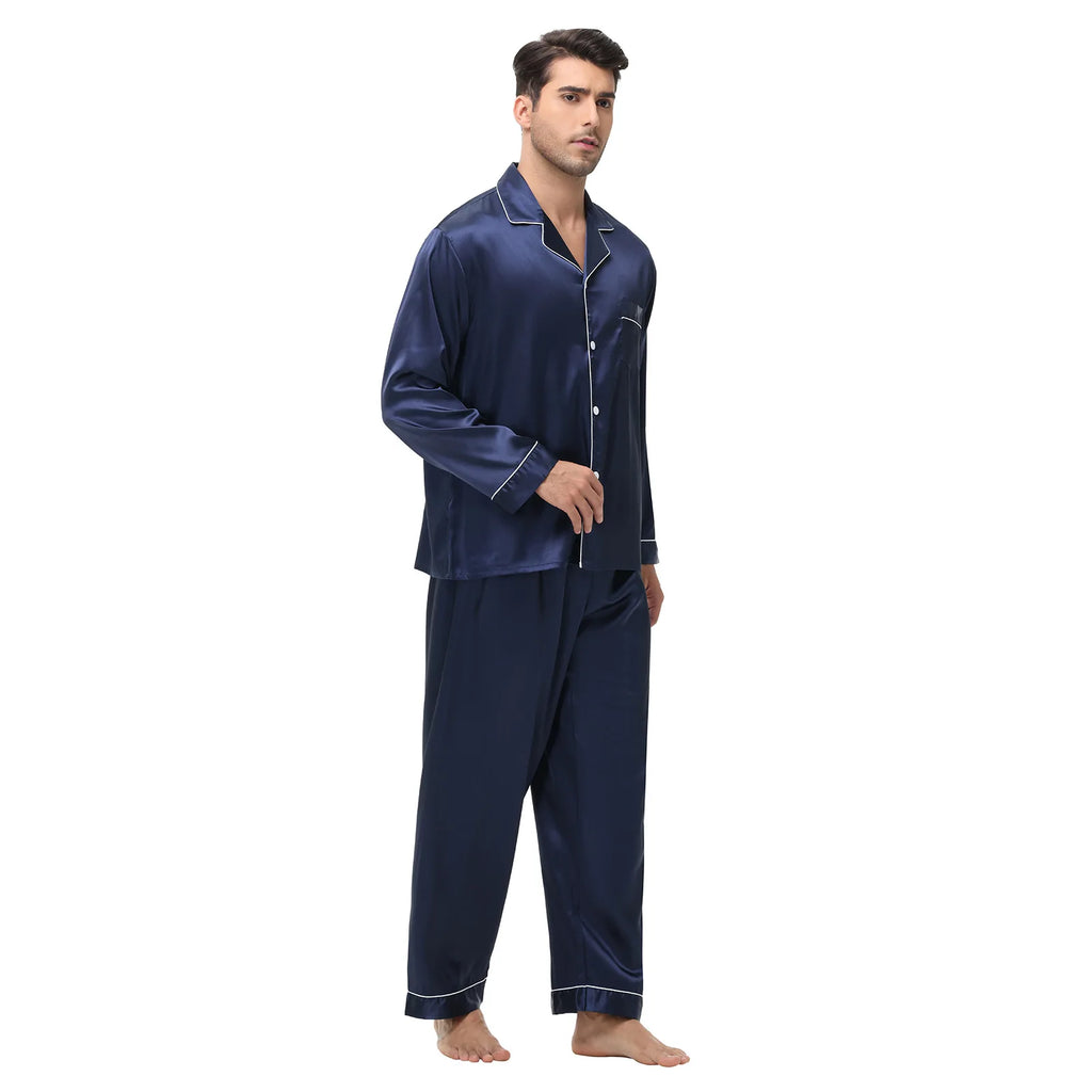 Men Pajamas Set Silk Satin Sleepwear