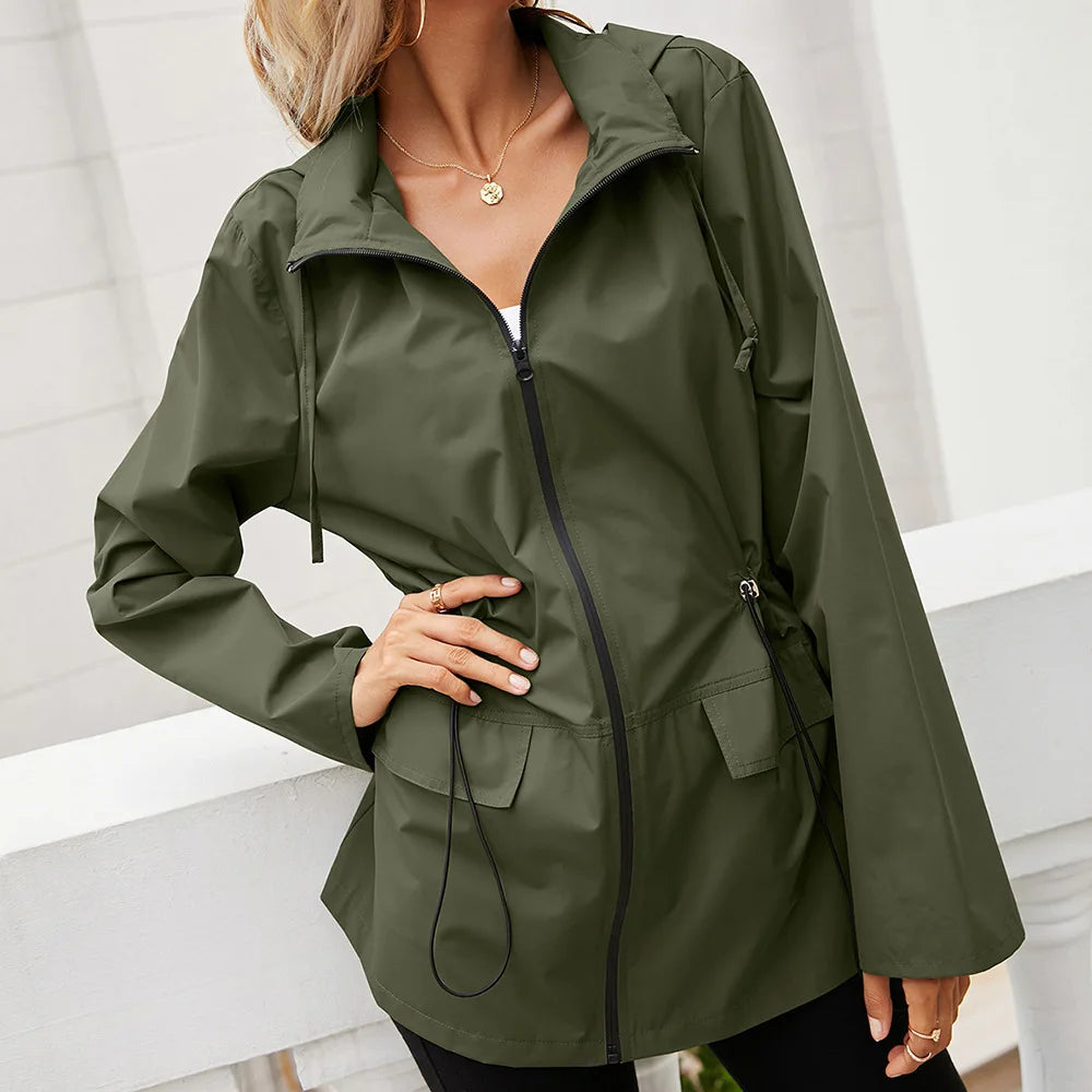 Hooded Zipper Waist Waterproof Raincoat Outdoor Sports Mountaineering Coat Women