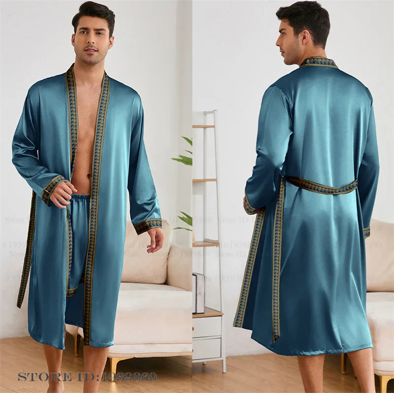 Men Long Robe Pajamas Set Baroque Style Kimono Bathrobe Gown Spring Summer Male Sleepwear Home Clothing Rayon Loungewear Pijamas