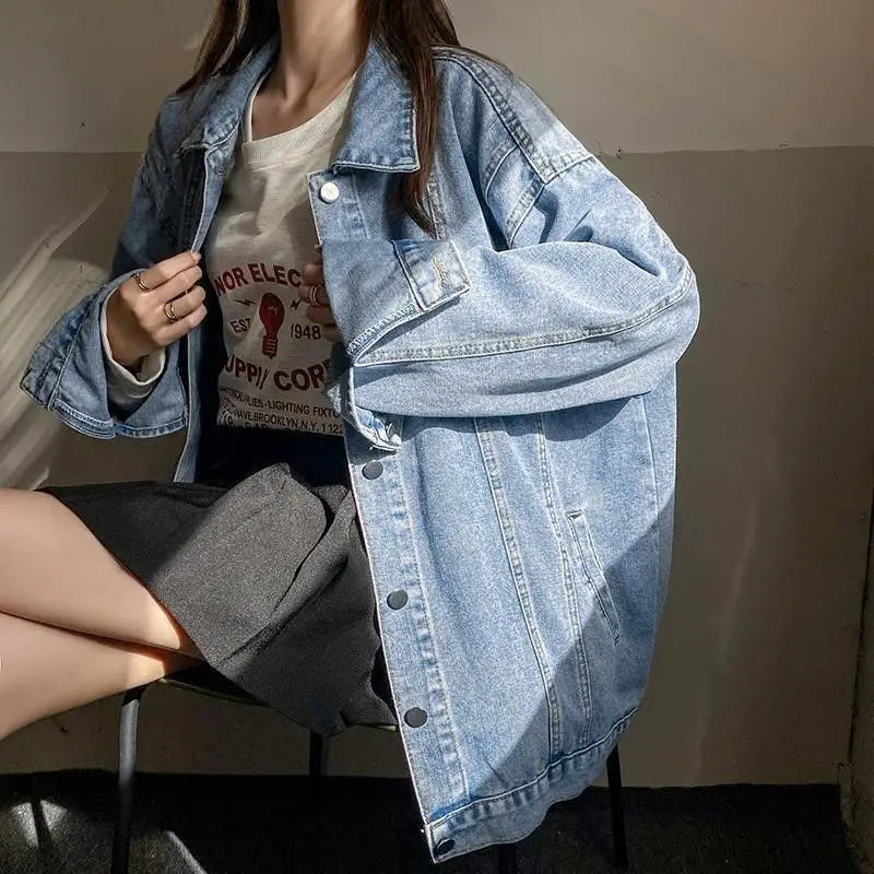 2025 Spring Autumn New Women Denim Jacket Boyfriend Loose Harajuku Design Unique Mid Length Casual All Match Outerwear