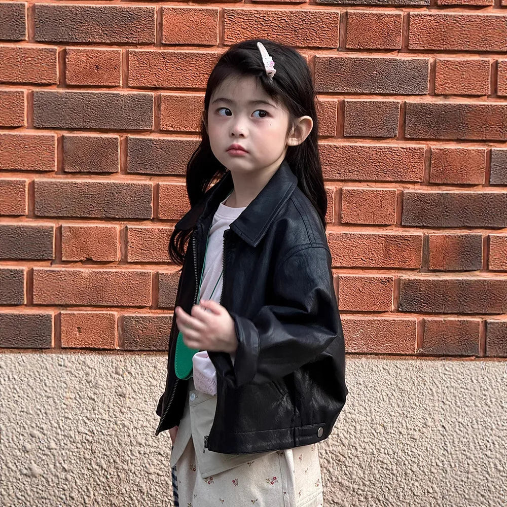 2025 Autumn New Children Long Sleeve Pu Leather Coat Fashion Girls Leather Jacket Solid Boys Lapel Zipper Jacket Kids Clothes