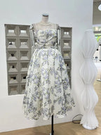 Summer New Women Retro Printed A-line Strap Dress With High Waist Wrinkled Long Dresses Beach Party Birthday Celebrity Gown