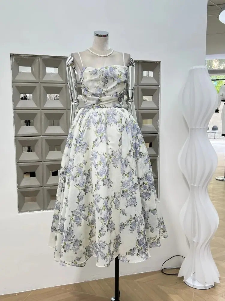 Summer New Women Retro Printed A-line Strap Dress With High Waist Wrinkled Long Dresses Beach Party Birthday Celebrity Gown