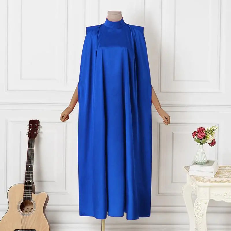 Elegant Evening Dress VONDA Women Pleated Stand Collar Long Sleeve Satin Party Sundress Autumn Casual Solid Loose Robe Vestidos