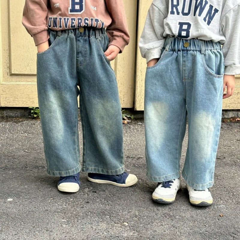 Children Wide Leg Jeans Spring Autumn Boy and Girl Elastic Waist Straight Leg Denim Pants Kids Casual Versatile Trousers A40056