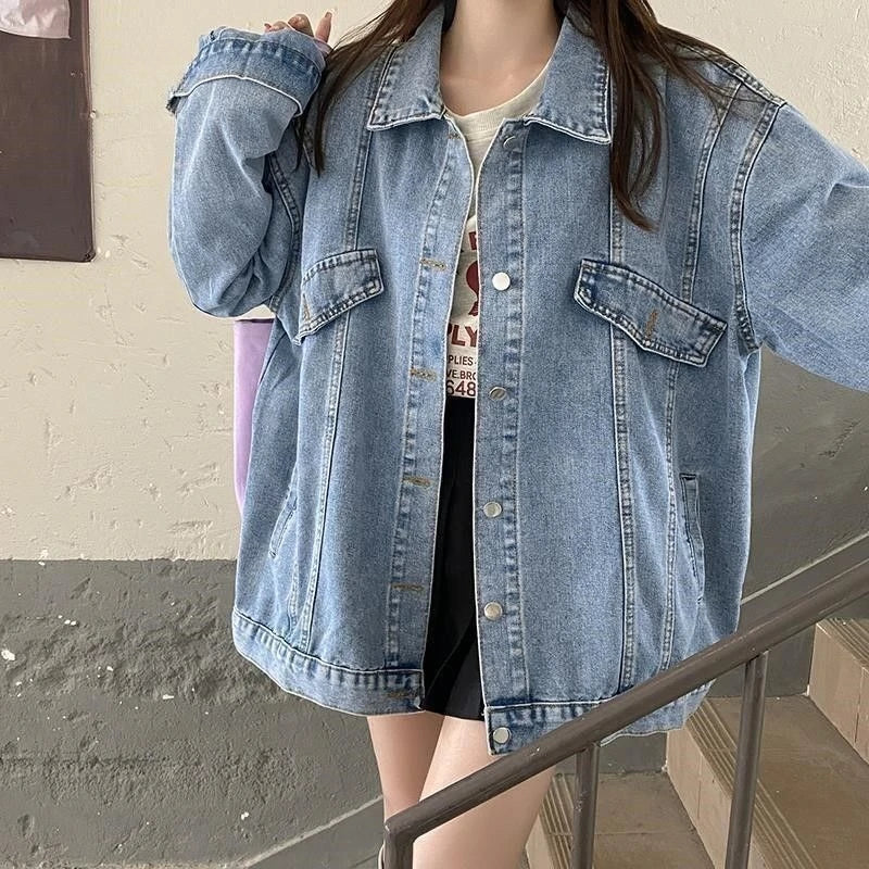 2025 Spring Autumn New Women Denim Jacket Boyfriend Loose Harajuku Design Unique Mid Length Casual All Match Outerwear