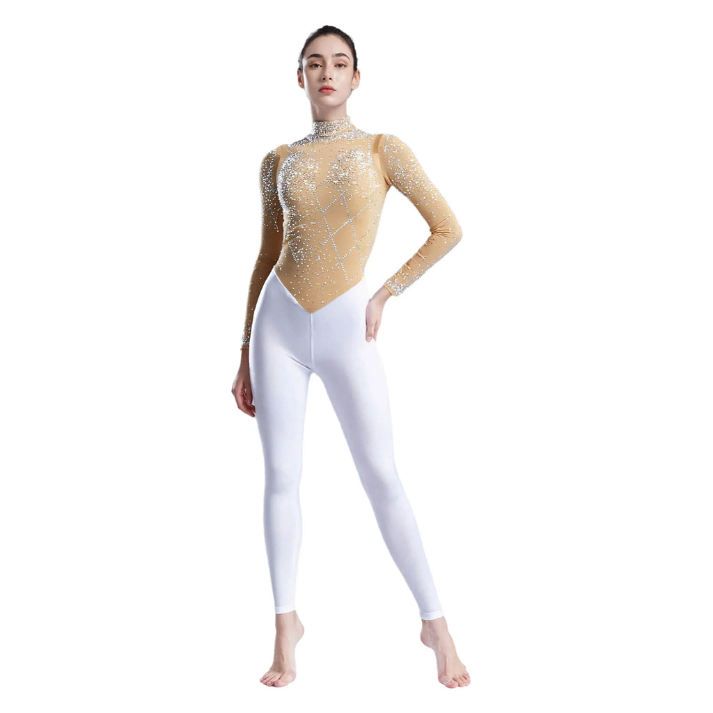 Women's Glittery Rhinestones Gymnastics Jumpsuit Sheer Mesh Patchwork Mock Neck Long Sleeve Dance Rompers One-piece Bodysuit