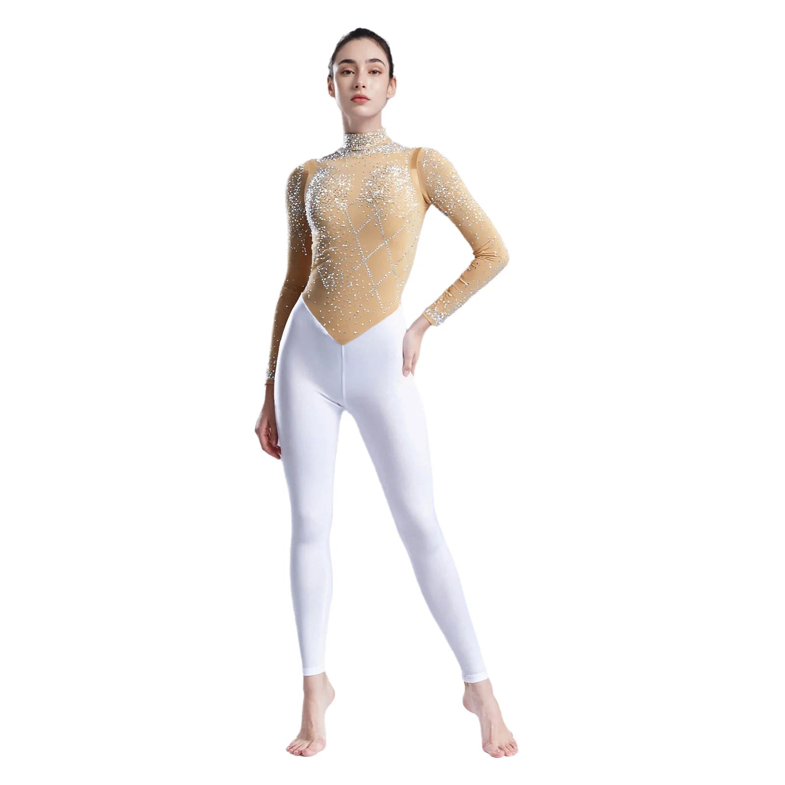 Women's Glittery Rhinestones Gymnastics Jumpsuit Sheer Mesh Patchwork Mock Neck Long Sleeve Dance Rompers One-piece Bodysuit