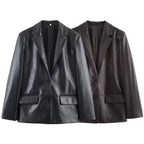 Fall 2025 New Women's Loose Straight Leather Effect Suit Jaet Faionable Long Sve PU Leather ort Outerwear