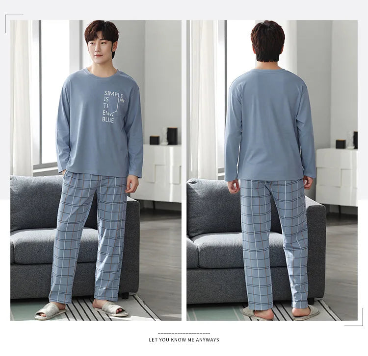 Fashion Lounge Pajamas Sets Men's Spring New Long-sleeved Tops with Trousers Cotton Homewear Comfort Simple Sleepwear Two Pieces