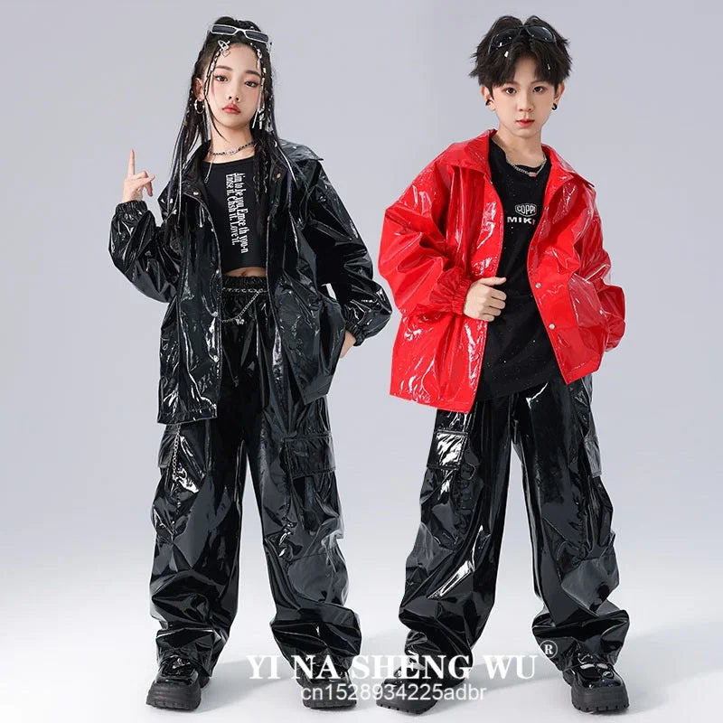 Boys K-pop Fashion Leather Jacket Street Dance Cargo Pants Girl Hip Hop Streetwear Kids Children Jazz Shiny Costume Clothes Sets