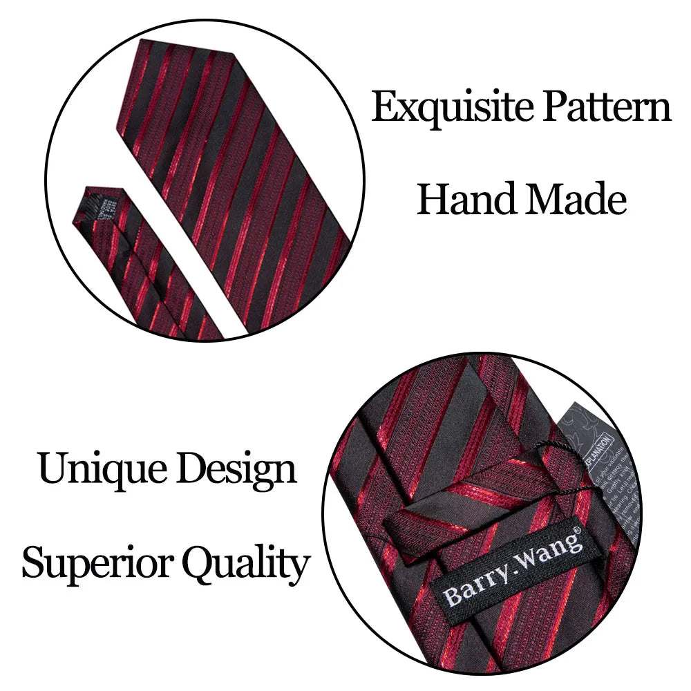 Male Luxury Neck Tie For Men Business Red Striped Silk Tie Hanky Cufflinks Set Barry.Wang Fashion Neckwear Wedding Party Casual