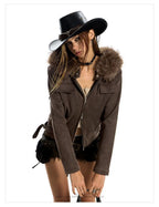 American hot girl big fur collar slim short jacket for women buckskin velvet waist slimming hooded cardigan sweatshirt