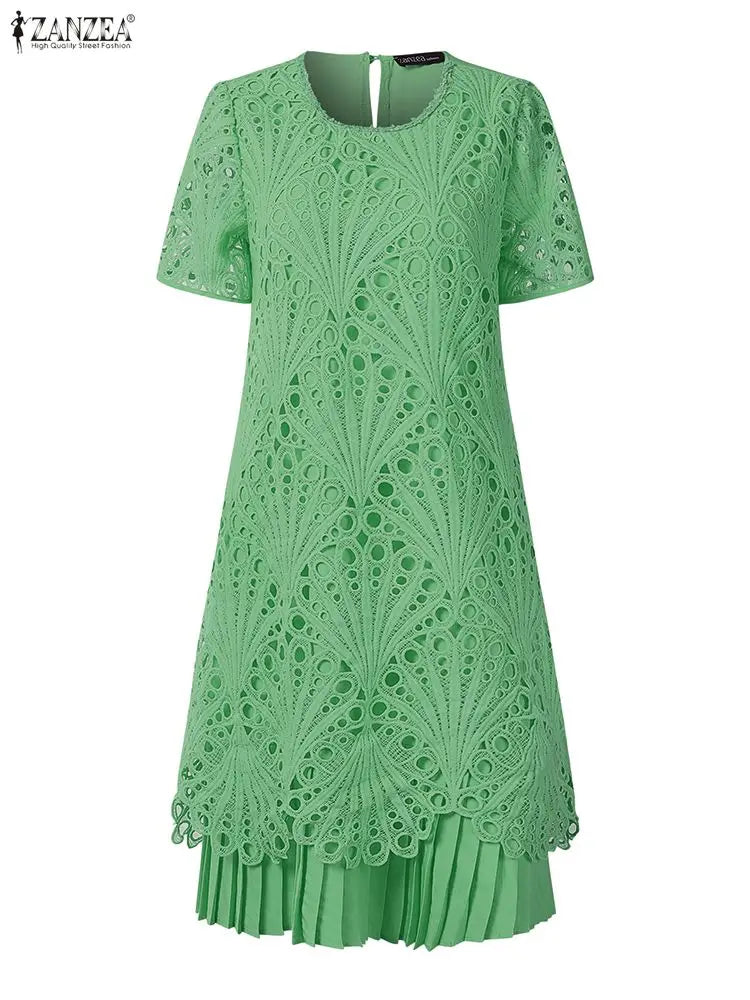 Stylish Women Desses ZANZEA 2025 Summer Lace Patchwork Dress Elegant Party Work Sundress Short Sleeve Pleated Vestidos Midi Robe