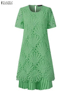 Stylish Women Desses ZANZEA 2025 Summer Lace Patchwork Dress Elegant Party Work Sundress Short Sleeve Pleated Vestidos Midi Robe