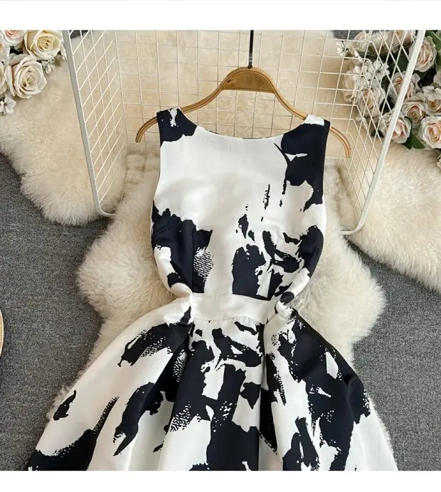 Faionable Ele Vest Long Dr High Waist Slim A-Line Print Maxi Skirt round Ne Svel Women's Summer Dr