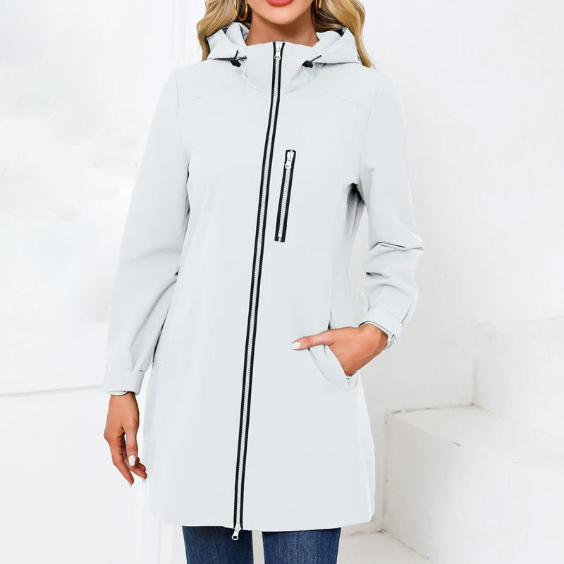Women's Water-Repellent Hooded Windbreaker Casual Loose Solid Long Sleeve Outdoor Sports Trench Coat Spring Autumn Jacket
