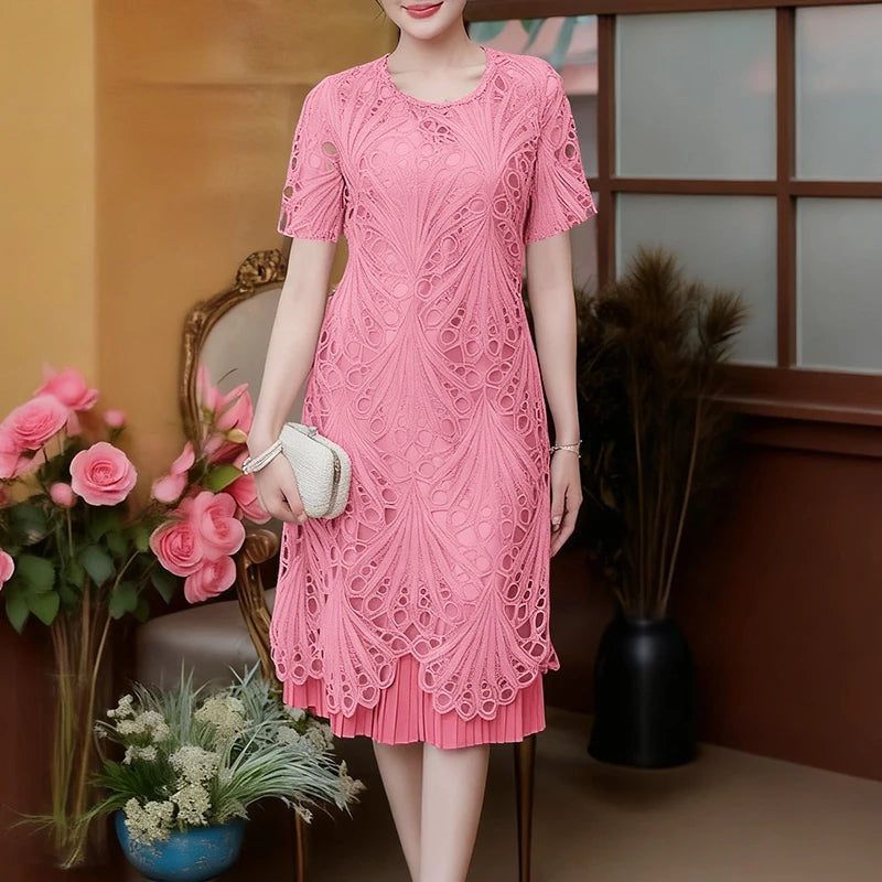 Stylish Women Desses ZANZEA 2025 Summer Lace Patchwork Dress Elegant Party Work Sundress Short Sleeve Pleated Vestidos Midi Robe