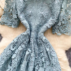 Ele Hollow out Lace ort Sve Dr Women's Summer Slimming A-Line Gown High Waist Korean Sle Commute Suitable
