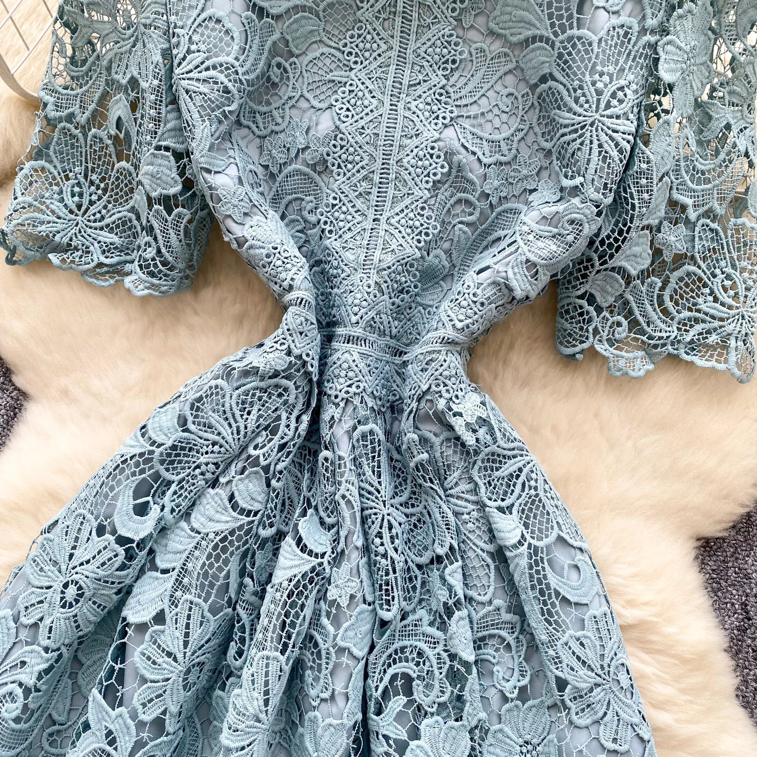 Ele Hollow out Lace ort Sve Dr Women's Summer Slimming A-Line Gown High Waist Korean Sle Commute Suitable