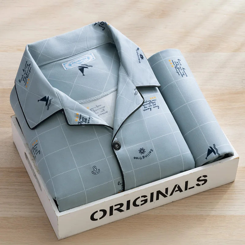 Men's Thin Cotton Pajamas Long Sve Long Pants Two-Piece Set Casual