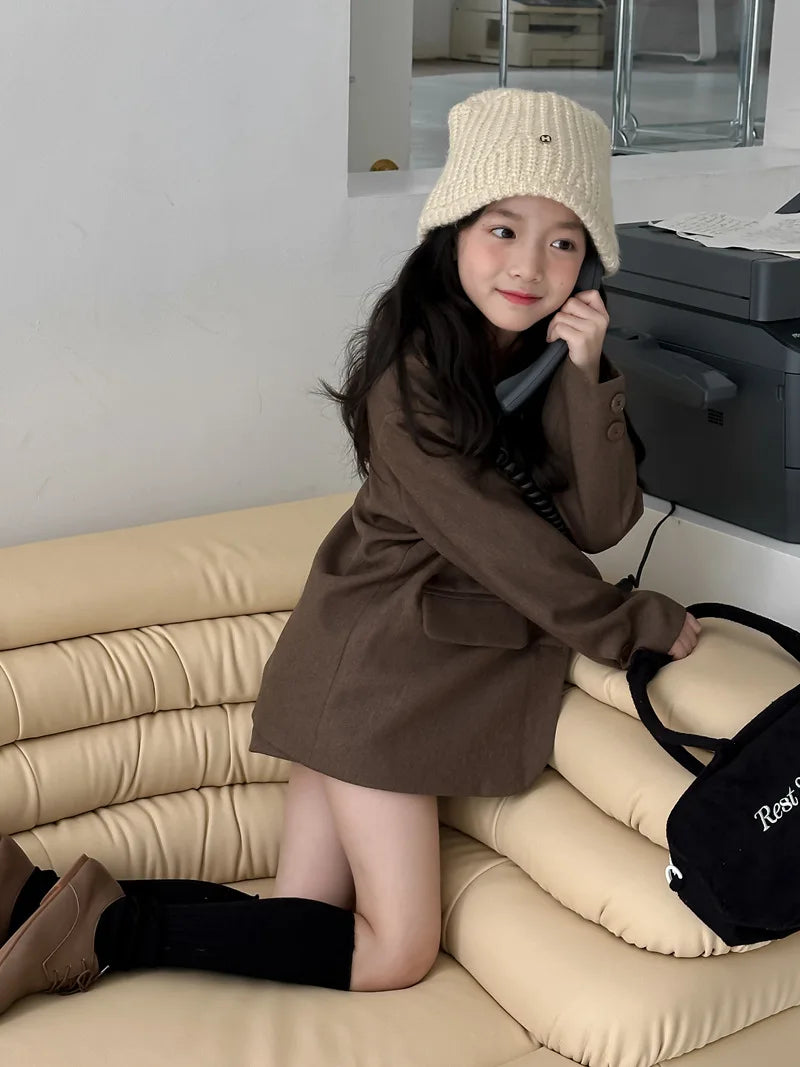 Suit skirt set for autumn 2024 loose suit jacket and skirt shorts for children and girls fashionable suit trendy kids clothes