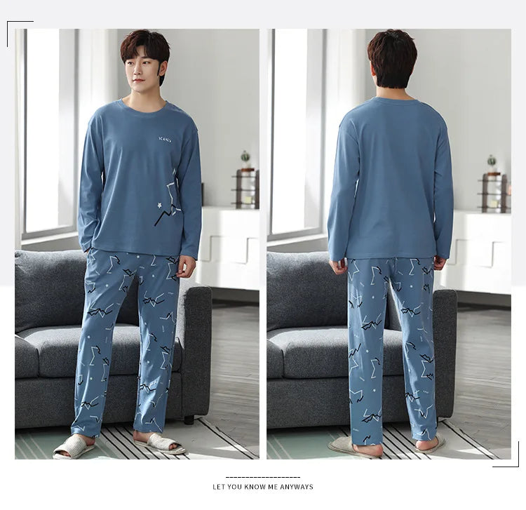 Fashion Lounge Pajamas Sets Men's Spring New Long-sleeved Tops with Trousers Cotton Homewear Comfort Simple Sleepwear Two Pieces
