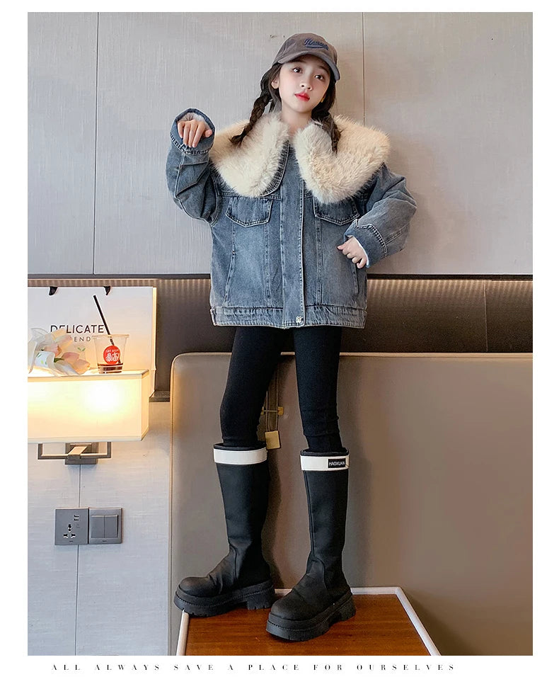 junior girl winter jackets vetement enfant fille Thickened inner rabbit fur denim jacket teenr outerwear kids warm coat overwear