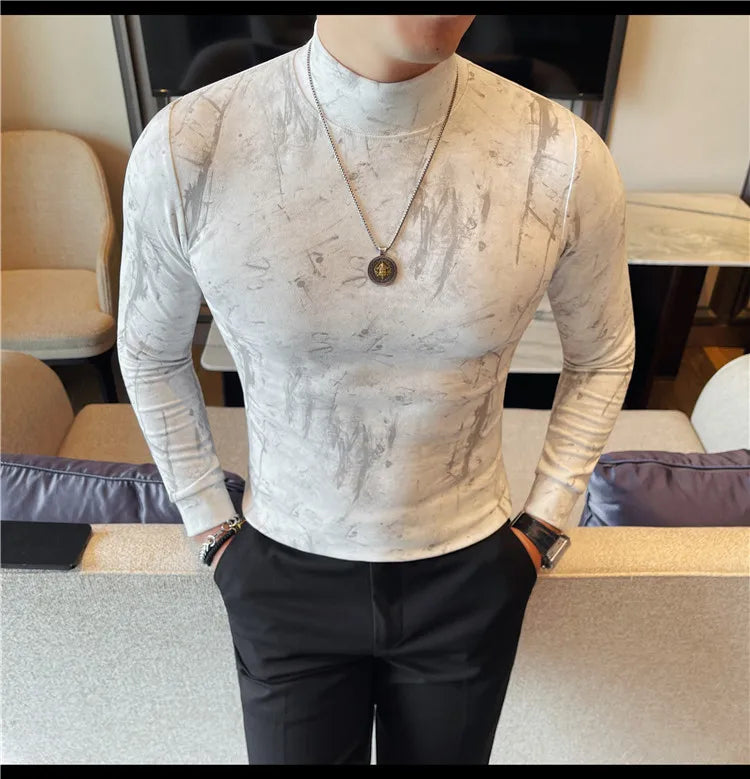 Men Tie-Dye Long-Sleeve T-Shirt | Half-High Collar Base Layer Trendy Versatile Casual Wear 95% Cotton Breathable  Sweat-wicking