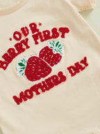 Baby Girl Mother's Day Letter Towel Embroidery Strawberry Pattern Short Sleeve Top Long Pants + Headwear Children's Clothing