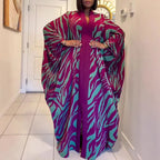 Leisure Loose Women Pleated Evening Dress Autumn Chic Bat Sleeve Loose Party Robes Elegant V-neck Color Blocked Commute Dress