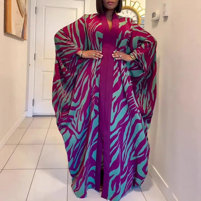 Leisure Loose Women Pleated Evening Dress Autumn Chic Bat Sleeve Loose Party Robes Elegant V-neck Color Blocked Commute Dress