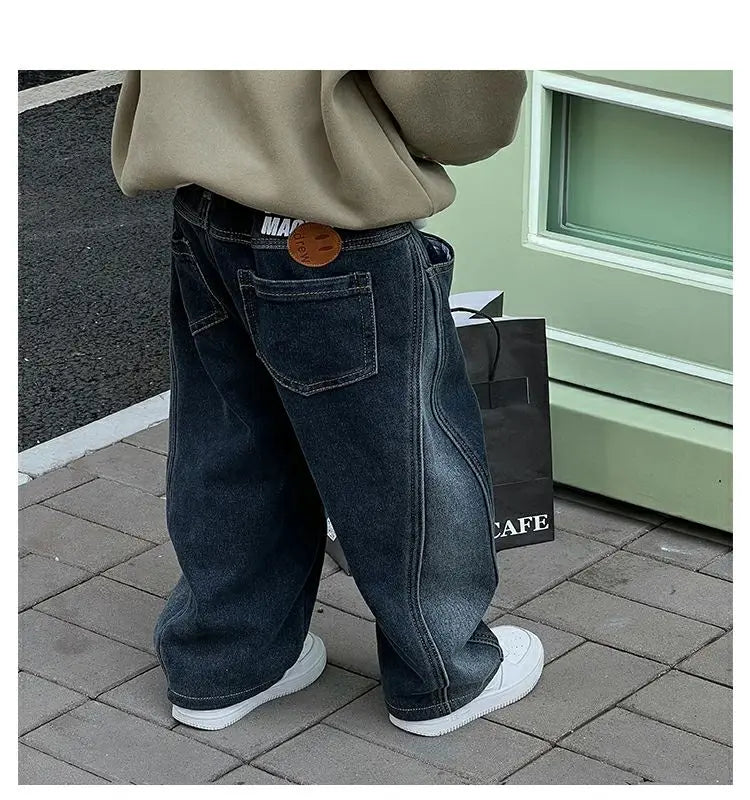 2-12Y Childrens Boys Denim Pants One-piece Fleece Thickened Autumn Winter Casual Kids Baby Boys Pants Toddler Boys Warm Jeans