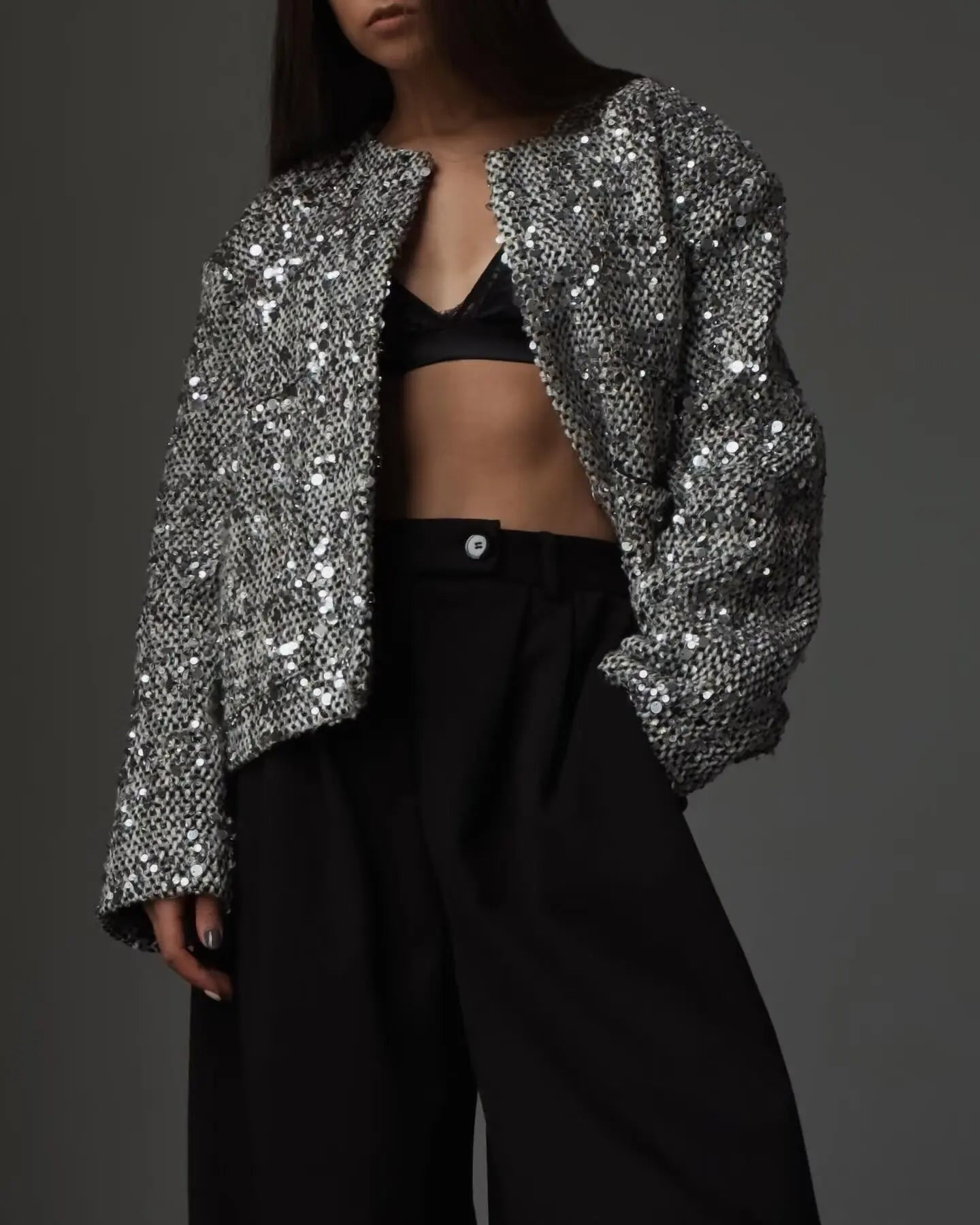 BKQU Tweed Sequined Jackets Women Casual Loose Round Neck Long Sleeved Cropped Silver Cardigan Autumn Female Warm Elegant Coats