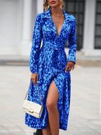 Elegant Random Print Button Down Shirt Dress Women's Long Sleeve Belted Waist Midi Dress Spring Fall Office Casual Dress