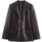 Fall 2025 New Women's Loose Straight Leather Effect Suit Jaet Faionable Long Sve PU Leather ort Outerwear