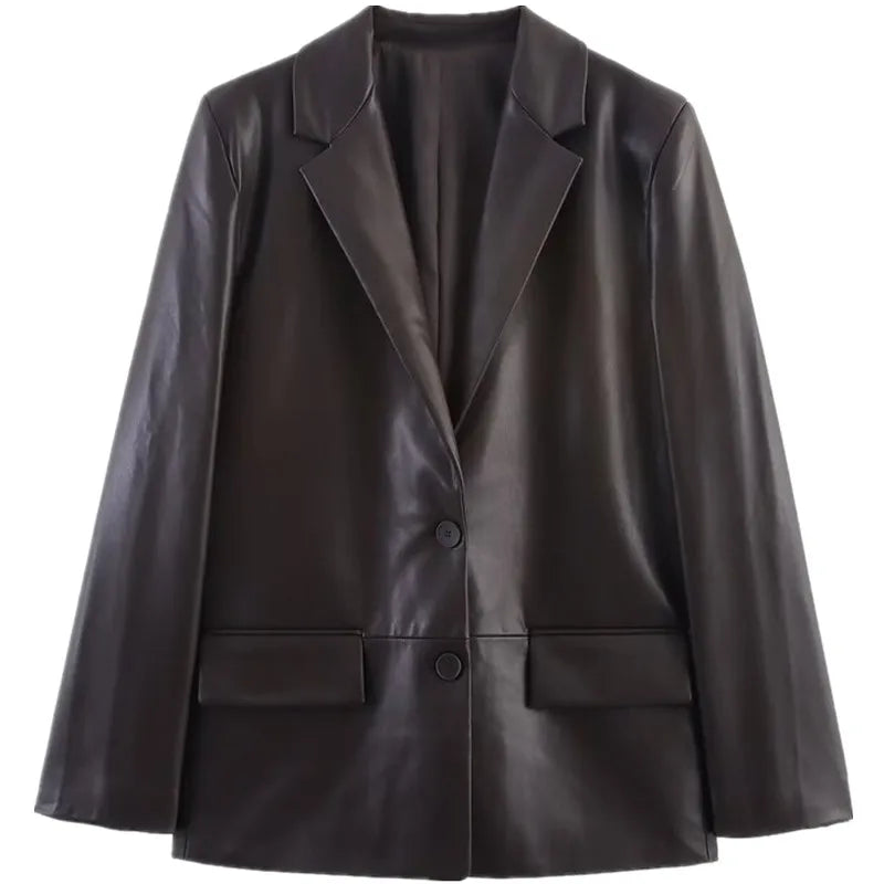 Fall 2025 New Women's Loose Straight Leather Effect Suit Jaet Faionable Long Sve PU Leather ort Outerwear