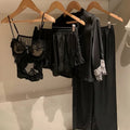Women 4 Pieces Pajamas Set Elegant Home Clothes Silky Satin Sleepwear Loose Trousers Suit Loungewear Sexy Lace Trim Nightgown