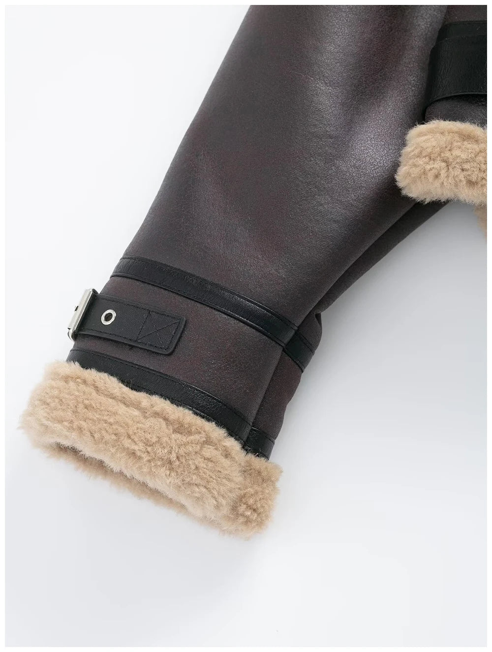 Womens Short Jacket With Leather And Plush Patchwork Belted Waist Zipper Pockets Retro Cool Commuter Jacket Woman Clothes Tops