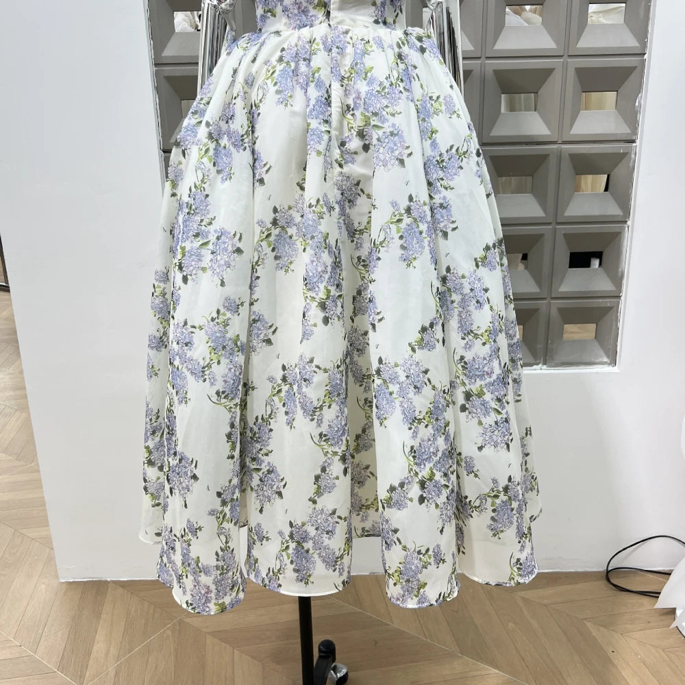 Summer New Women Retro Printed A-line Strap Dress With High Waist Wrinkled Long Dresses Beach Party Birthday Celebrity Gown