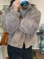 Women Autumn Winter Thicken Warm Coat Stand-Collar Loose Fur Plush Zipper Jacket Soft Comfortable Casual Simple Solid Outerwear