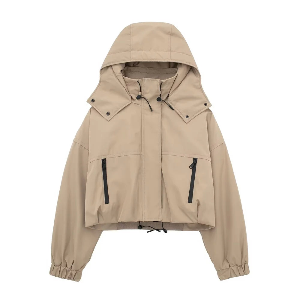 Autumn New Product Women's Stand up Collar Hoodie Long Sleeve Zipper Decoration workwear Style Short Jacket Coat