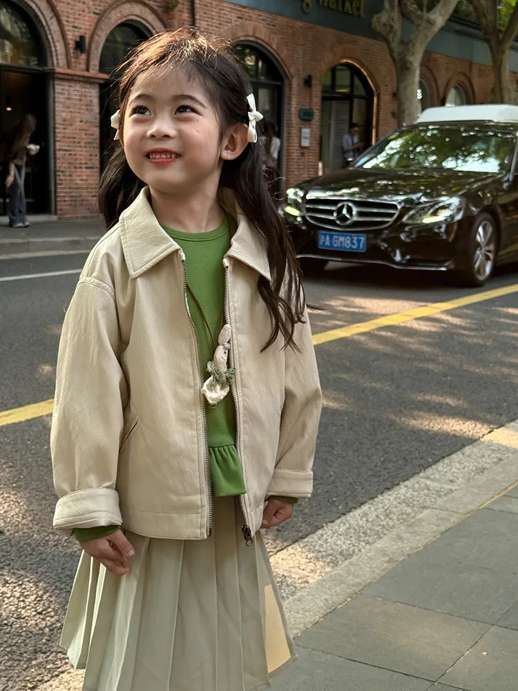 2025 Autumn New Children Long Sleeve Pu Leather Coat Fashion Girls Leather Jacket Solid Boys Lapel Zipper Jacket Kids Clothes